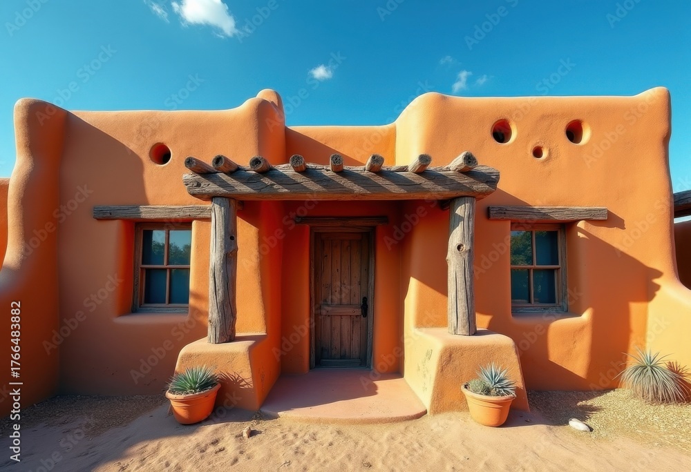 Rustic Adobe Structure Charming Pueblo Aesthetic Warm Hue Wooden Vigas ...