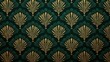 © LELE - Symmetrical art deco fan motif in gold on dark green seamless repeat pattern, ideal for elegant wallpaper or textile design, evoking vintage glamour and luxury.