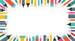 © Emily - Border of colorful art supplies including pencils, markers, and erasers on a white background.