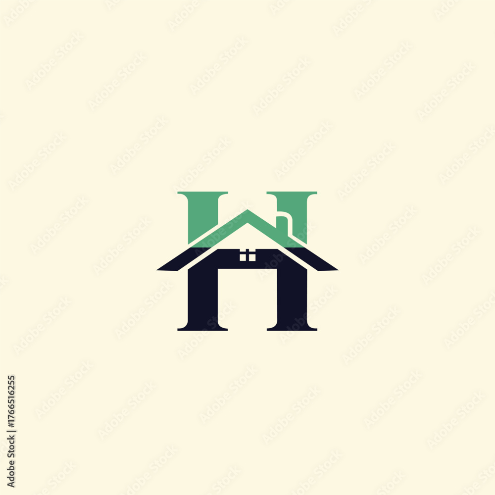 Letter h stylized as a house with a green roof and dark blue base, on a ...