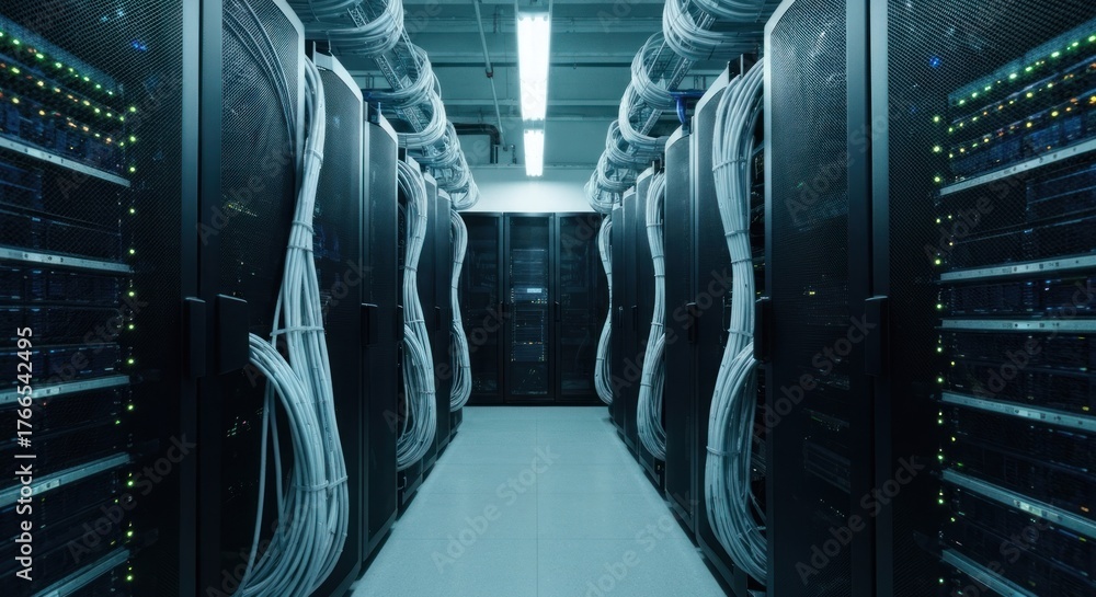 Servers in a data center hallway with overhead cables and racks of ...