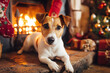 © svonidze - A charming Jack Russell Terrier dog lies contentedly near a warm fireplace during the Christmas season.