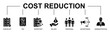 © Artstic - Cost Reduction banner web icon vector glyph style illustration concept with icon of cost reduction, business efficiency, financial management, budgeting, tax, salary, inventory control