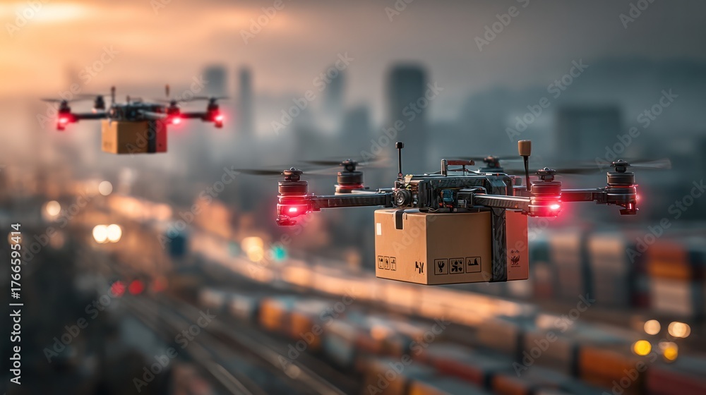 Drone Delivery: A cutting-edge image showcasing two drones soaring ...