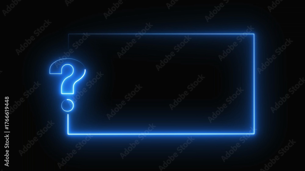 Neon question mark with square frame glowing in blue on a black ...