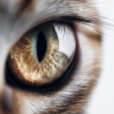 Nahaufnahme eines Katzenauges mit goldener Iris und vertikaler Pupille in scharfem Fokus