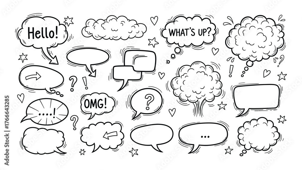 Hand drawn speech bubbles and thought clouds collection diverse shapes ...