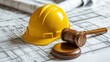 © future7 - A yellow hard hat sits beside a wooden gavel on architectural blueprints, symbolizing construction and legal matters.