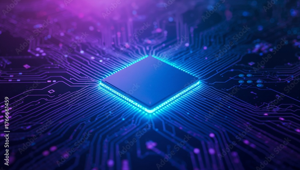 Microchip Radiating Glowing microprocessor chip radiating neon light across circuit board ...