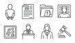 © Hanna - Monochrome legal icons: arrest, documentation, court, crime scene, witness, lawyer, judge gavel
