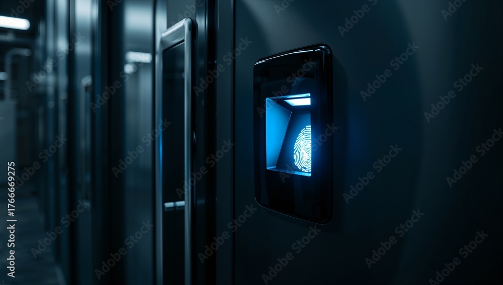 Glowing biometric fingerprint scanner lighting data center corridor ...