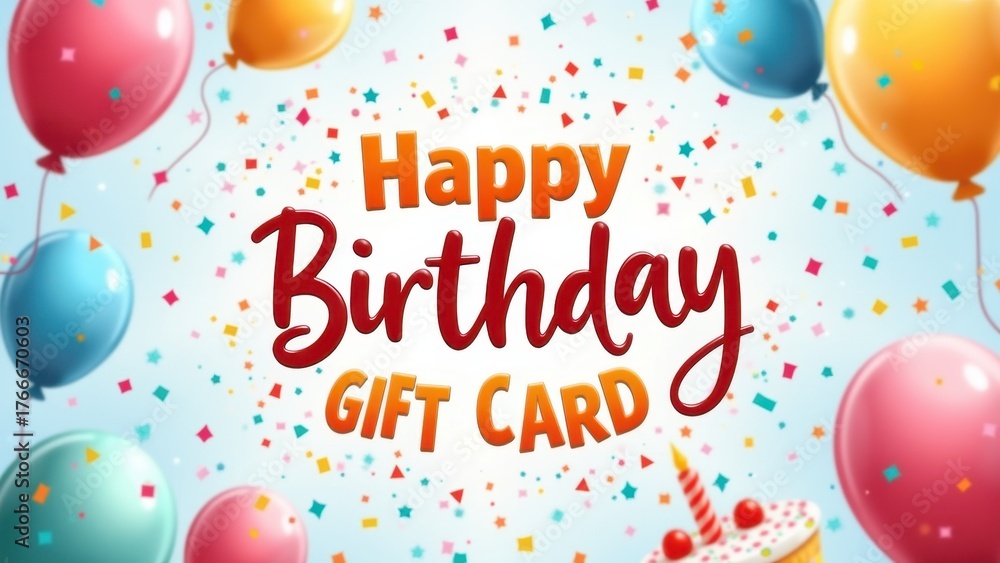 Colorful happy birthday gift card text surrounded by floating balloons confetti and cupcake with candle, concept of birthday promotions, gift card sales, party invitations