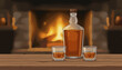 © Mitch - Cozy evening scene featuring a clear glass bottle filled with amber whiskey and two tumblers with the spirit, all resting on a rustic wooden table in front of a warm, glowing fireplace, evoking