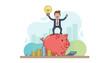 © Harden - Dynamic illustration of a smiling businessman in a suit standing atop a large pink piggy bank, holding a glowing lightbulb, symbolizing innovation and financial success, with stacks of coins and a