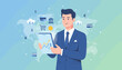 © Harvey - Digital online payment concept, a businessman in a blue suit holds a tablet displaying a financial chart with upward trends, surrounded by icons representing global finance, banking, credit cards