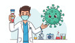 © Harvey - Cartoon scientist in a lab coat and mask holds a blood sample tube with a biohazard symbol, standing next to a friendly green coronavirus character and laboratory equipment like a microscope and test
