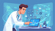 © Lovely - A smiling doctor in a white lab coat with a stethoscope around his neck analyzes heartbeat data displayed on a laptop screen, surrounded by futuristic medical technology icons and glowing blue