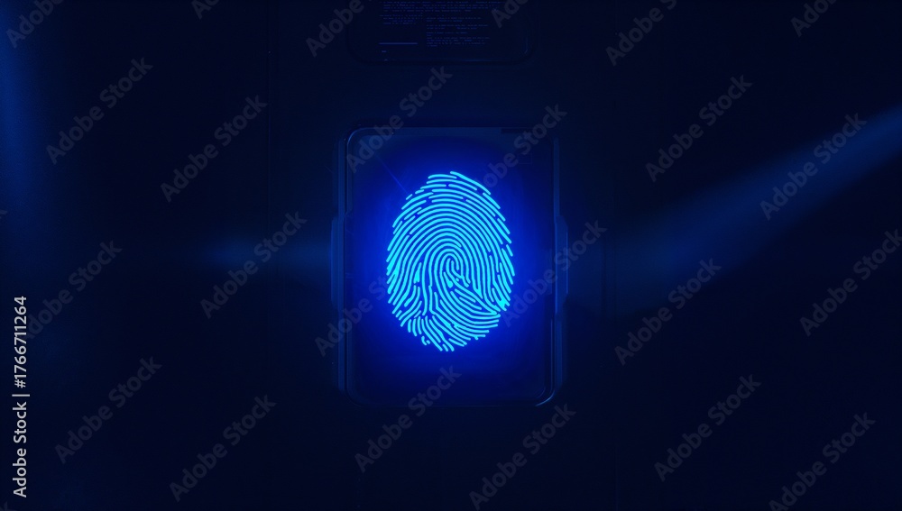 Projecting neon blue fingerprint hologram on biometric scanner panel in ...