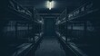 © Future Vision - Lining central corridor metal bunk beds with thin mattresses under fluorescent light in basement