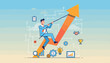 © Berverlyn - Vibrant vector illustration depicting a determined businessman in a blue suit climbing an upward trending orange arrow, symbolizing career advancement and financial growth, surrounded by business