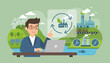© Fidel - Vibrant illustration of a businessman using a laptop to manage a sustainable circular economy, featuring wind turbines, solar panels, factories with green leaves, and a clean river with fish