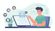© Dylan - Vivid illustration of a man interacting with a laptop, symbolizing email marketing and newsletter subscriptions. Icons representing shopping, news, megaphone, and documents float around, connected by