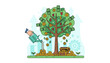 © Gemma - Conceptual illustration of financial growth and investment, depicting a flourishing tree laden with currency symbols like dollars, euros, and yen, with a hand watering it and coins cascading down