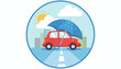© Gemma - Vivid vector illustration depicting a red car under a large blue umbrella, symbolizing comprehensive car insurance coverage, with a cityscape and weather elements like sun, clouds, and rain in the