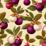 Seamless pattern with mangosteen. Exotic mangosteen fruit repeat design. Tropical fruit background.