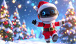 © Nnp - Small robot dressed as Santa Claus skipping through a snowy, wintery scene. Blurred Christmas lights background.