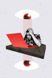 © deagreez - Trend artwork sketch design collage of stress problem young man sit cover head work laptop distance cyber eye search control watch escape