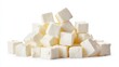 © Larysa - Stack of feta cheese cubes on white background. AI image