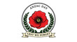 © Bening - Red poppy flower is surrounded by green leaves within circular emblem, with the words anzac day at the top and lest we forget on banner below, symbolizing remembrance and commemoration