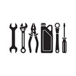 © MdHabibur - Vector art of a set of automotive tools, including wrenches, pliers, a fluid container, and a screwdriver, all arranged in a row