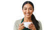 © Thumbs - Latina barista smiling brightly holding a hot coffee cup against a white background, showcasing her warm and friendly demeanor
