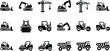 © Graphicazzy - Collection of black construction vehicle icons including excavators bulldozers cranes and dump trucks isolated on transparent background