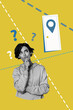 © deagreez - Art image vertical photo collage of minded girl stand geolocation icon question ark idea finding ponder summer tourism travel