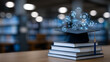 © Maksym - Graduation mortarboard balanced on neatly stacked academic texts, glowing virtual icons of research, study, and cognition projected above, soft-focus library background creating de