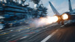 © Maksym - Macro close-up of UAV engine exhaust igniting, deck catapult rails beneath, carrier deck textures and equipment in soft focus, modern naval warfare technology