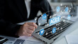 © InfiniteFlow - A business professional examines agile methodology concepts on a laptop, showcasing icons related to project management and workflow in a contemporary office environment. Tessel