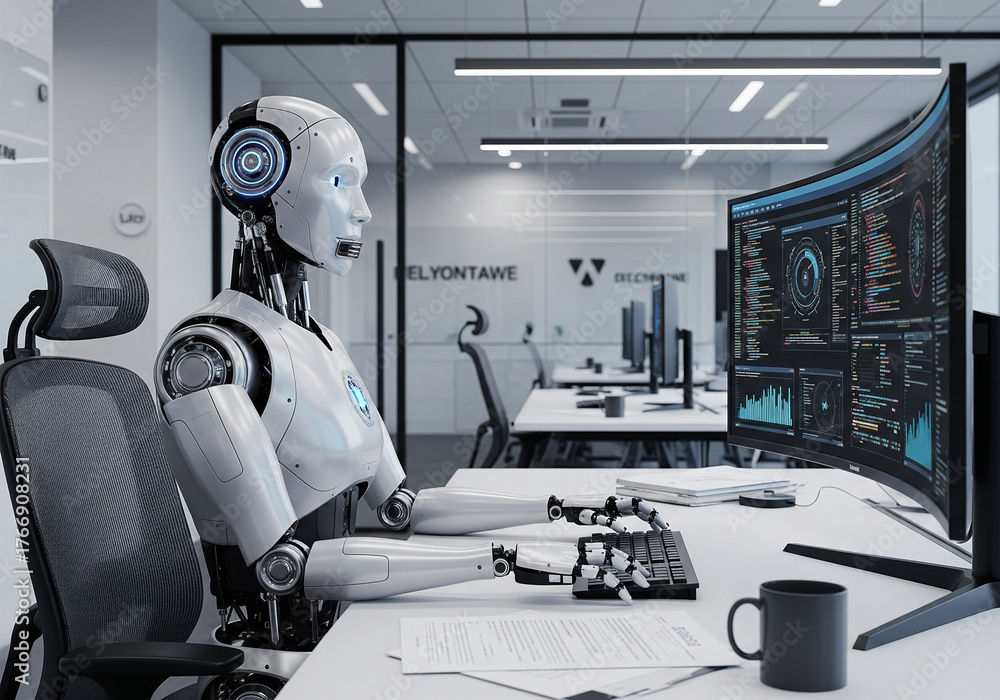 Robot analyzing data on a curved screen in the office of the future ...
