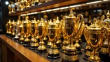 This dazzling trophy display showcases a stunning collection of shining gold and silver trophies, symbolizing the victories and achievements of the most successful individuals and teams.
