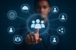 © Md Fazly Rabby - Target Audience and Digital Outreach Strategy Concept. Businessperson points at virtual interface with people icons and marketing symbols, representing audience targeting and global digital strategy.