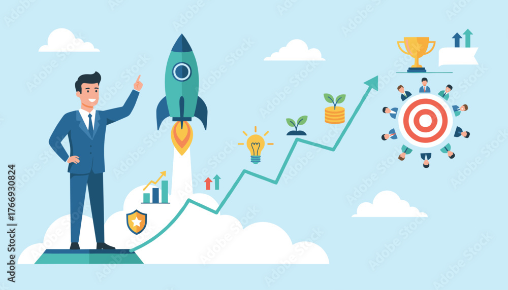 Successful business startup concept with a confident businessman ...