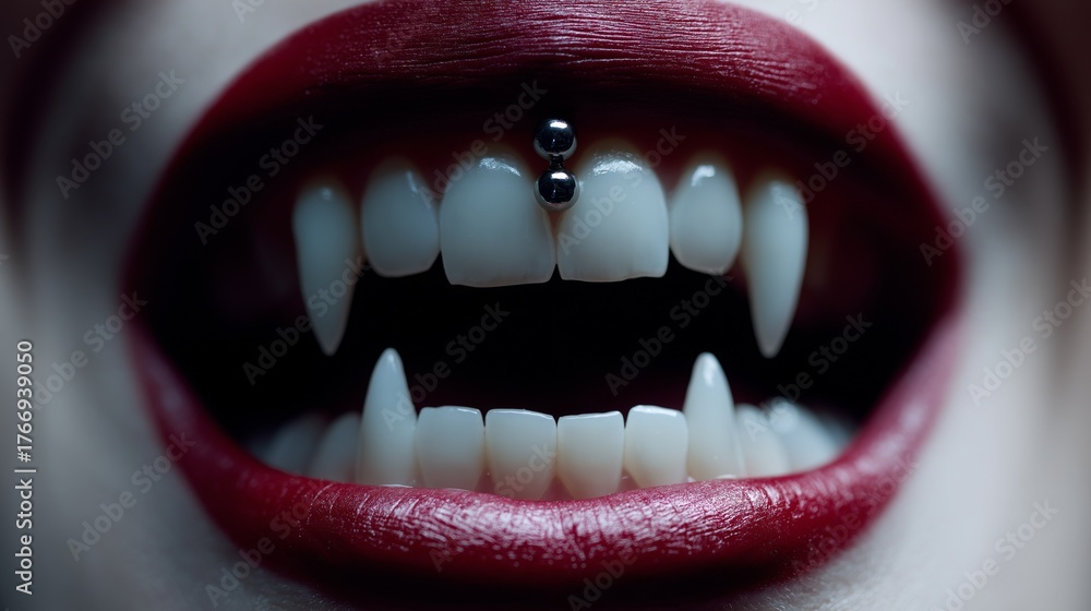 Extreme close-up of a mouth with bright red lipstick, showing pointed ...