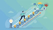 © Ryui - Vivid vector illustration depicting a determined man ascending a staircase of gears and lightbulbs, symbolizing progress, innovation, and the pursuit of success towards a shining diamond representing
