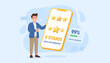 © Yamm - A cheerful 3D man gives a thumbs-up, holding a smartphone displaying a 5-star rating and 'Highly Recommended!' message, signifying excellent customer satisfaction and positive feedback with a 99%