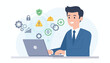 © Yamm - Work safety concept illustration featuring a smiling businessman in a blue suit using a laptop, surrounded by icons representing security, warnings, gears, and progress charts, symbolizing a secure