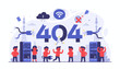 © Yamm - Frustrated business people react to a 404 error page with broken server racks, disconnected cables, and a storm cloud symbolizing technical difficulties and website downtime, illustrating digital