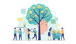 © Anna - Conceptual illustration of idea development and progress, symbolizing creativity and innovation as a tree of light bulbs growing from a human head, with people collaborating and gathering new ideas